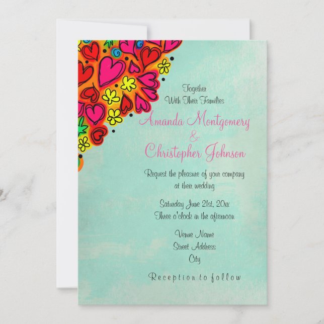 Cute Doodle Hearts and Flowers Wedding Invitation (Front)