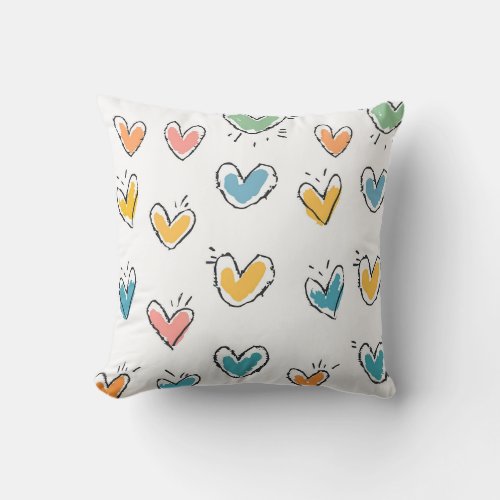 Cute Doodle Hearts Hand Draw Love Colorful Pattern Throw Pillow