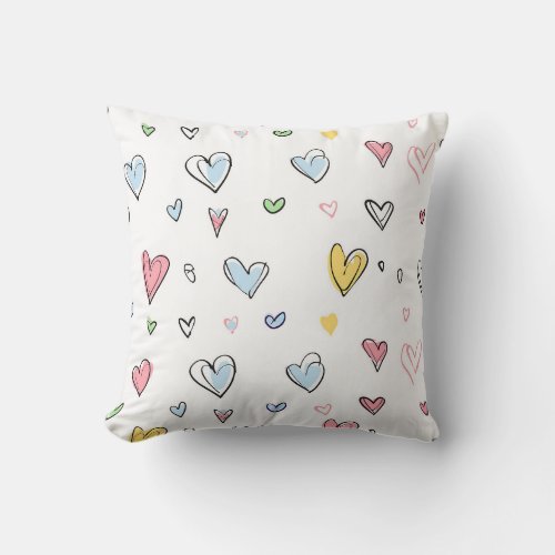 Cute Doodle Hearts Hand Draw Love Colorful Pattern Throw Pillow