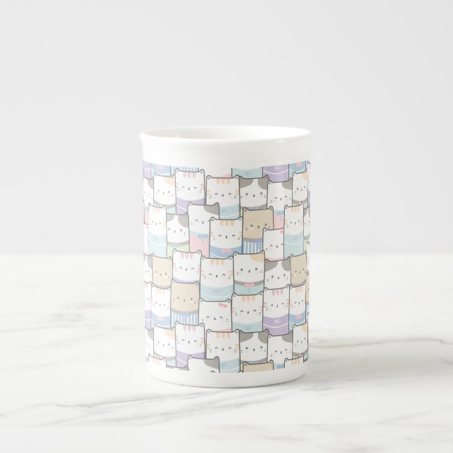 Cute Doodle Kitten Faces Pattern Bone China Mug (Front)