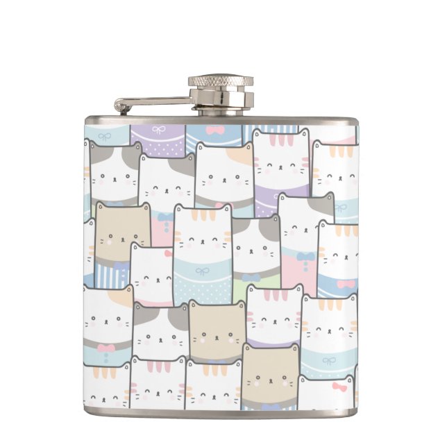 Cute Doodle Kitten Faces Pattern Flask (Front)