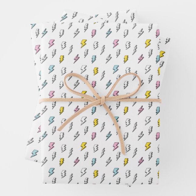 Cute Doodle Lightning Bolt Pattern Wrapping Paper Sheets (In situ)