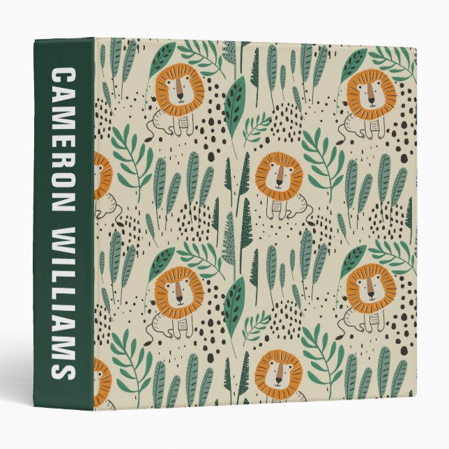 Cute Doodle Lion Jungle Rainforest Pattern 3 Ring Binder (Front/Spine)