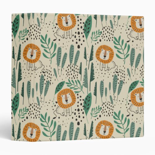 Cute Doodle Lion Jungle Rainforest Pattern 3 Ring Binder