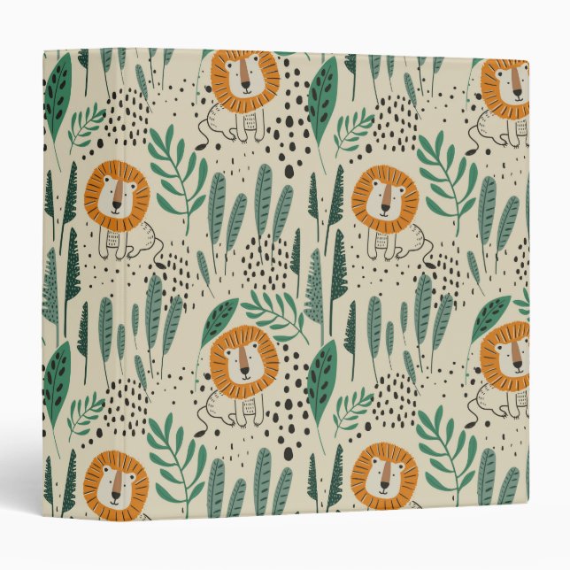 Cute Doodle Lion Jungle Rainforest Pattern 3 Ring Binder (Front/Spine)