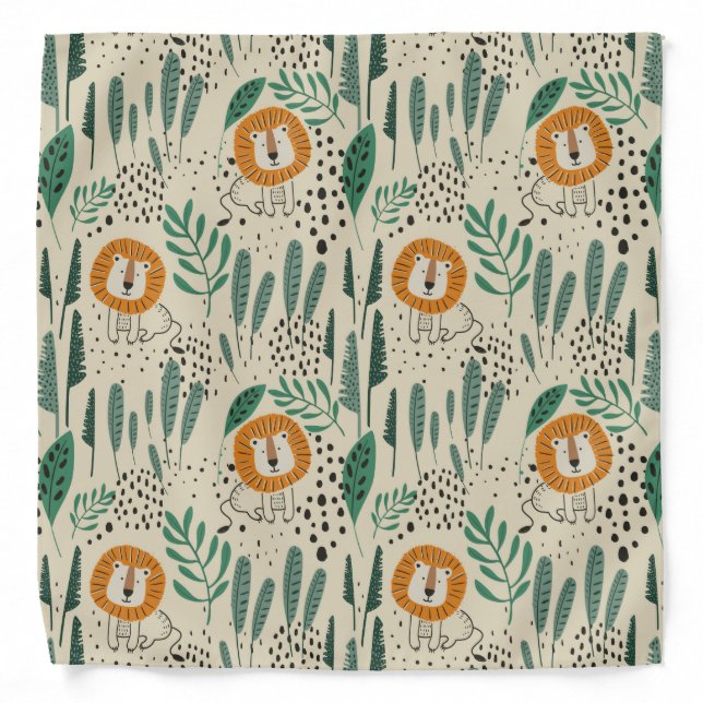 Cute Doodle Lion Jungle Rainforest Pattern Bandana (Front)