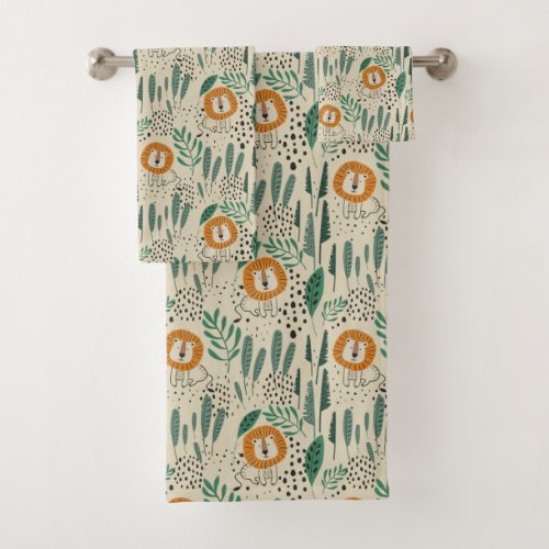 Cute Doodle Lion Jungle Rainforest Pattern Bath Towel Set