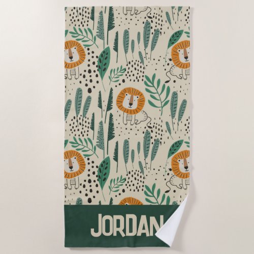 Cute Doodle Lion Jungle Rainforest Pattern Beach Towel