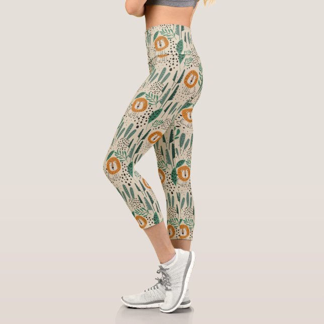 Cute Doodle Lion Jungle Rainforest Pattern Capri Leggings (Left)