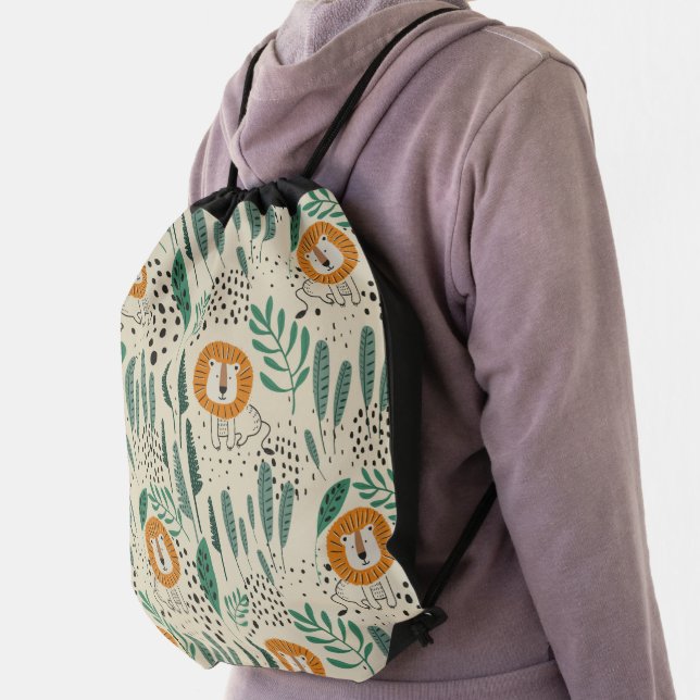 Cute Doodle Lion Jungle Rainforest Pattern Drawstring Bag (Insitu)