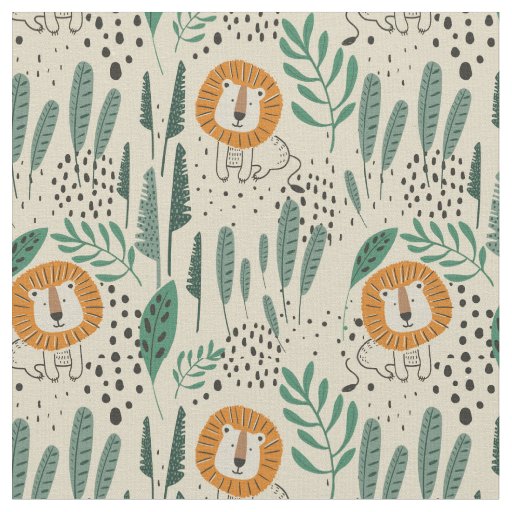 Cute Doodle Lion Jungle Rainforest Pattern Fabric