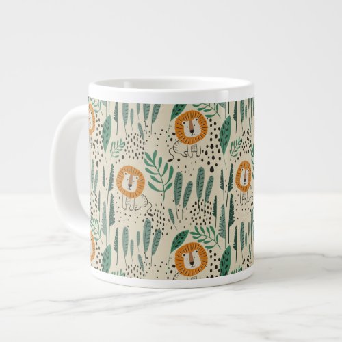 Cute Doodle Lion Jungle Rainforest Pattern Giant Coffee Mug