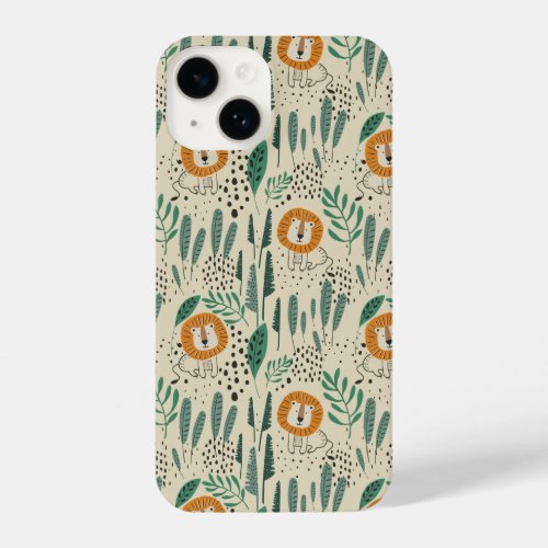 Cute Doodle Lion Jungle Rainforest Pattern iPhone 14 Case