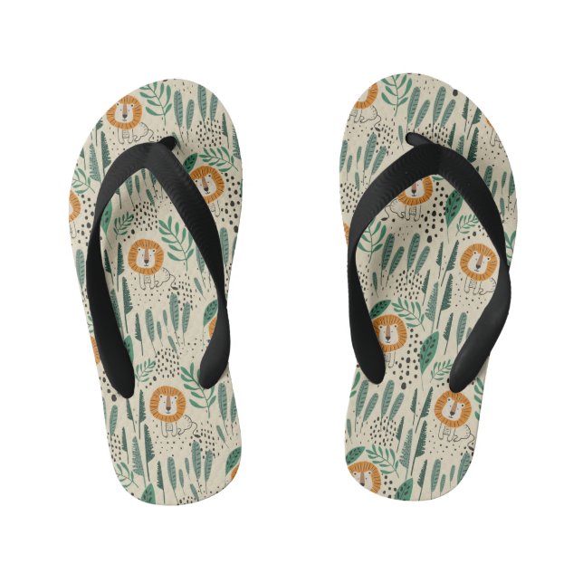 Cute Doodle Lion Jungle Rainforest Pattern Kid's Flip Flops (Footbed)