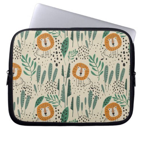 Cute Doodle Lion Jungle Rainforest Pattern Laptop Sleeve