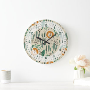 Cute Doodle Lion Jungle Rainforest Pattern Large Clock