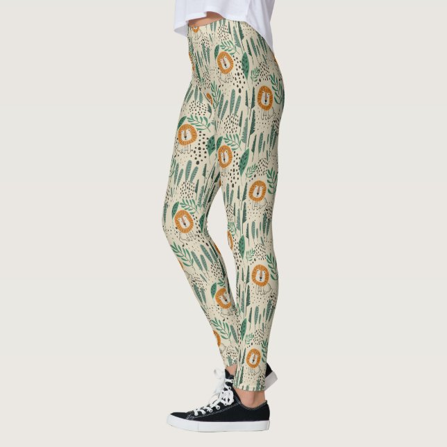 Cute Doodle Lion Jungle Rainforest Pattern Leggings (Left)