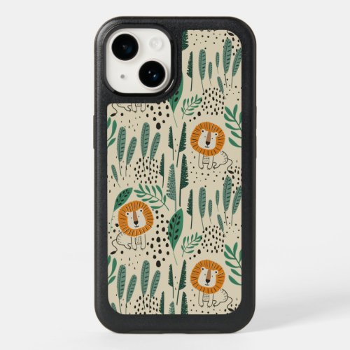 Cute Doodle Lion Jungle Rainforest Pattern OtterBox iPhone 14 Case