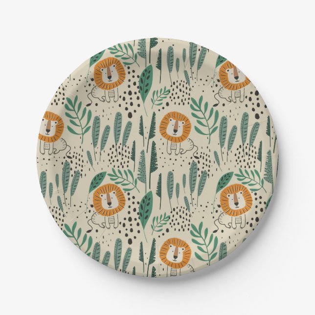 Cute Doodle Lion Jungle Rainforest Pattern Paper Plates (Front)