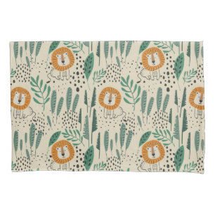 Cute Doodle Lion Jungle Rainforest Pattern Pillow Case