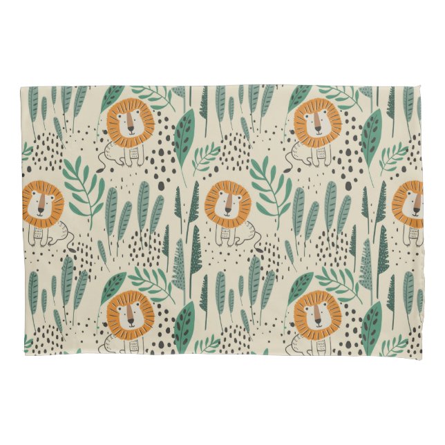 Cute Doodle Lion Jungle Rainforest Pattern Pillow Case (Front)