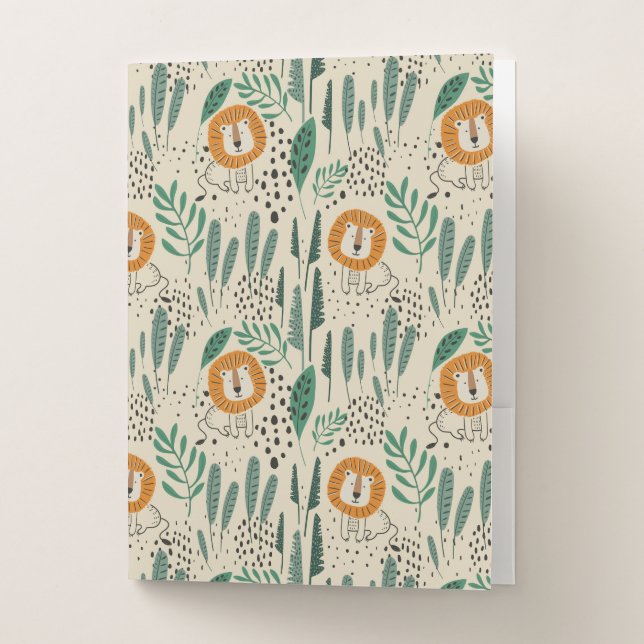Cute Doodle Lion Jungle Rainforest Pattern Pocket Folder (Front)