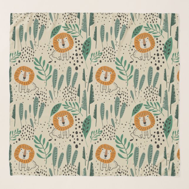 Cute Doodle Lion Jungle Rainforest Pattern Scarf (Front)