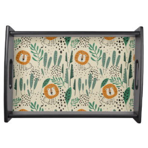 Cute Doodle Lion Jungle Rainforest Pattern Serving Tray