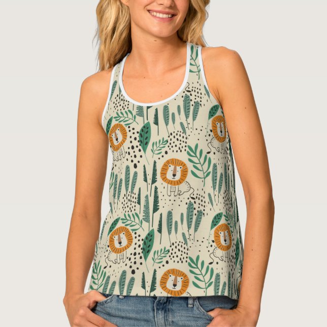 Cute Doodle Lion Jungle Rainforest Pattern Tank Top (Front)