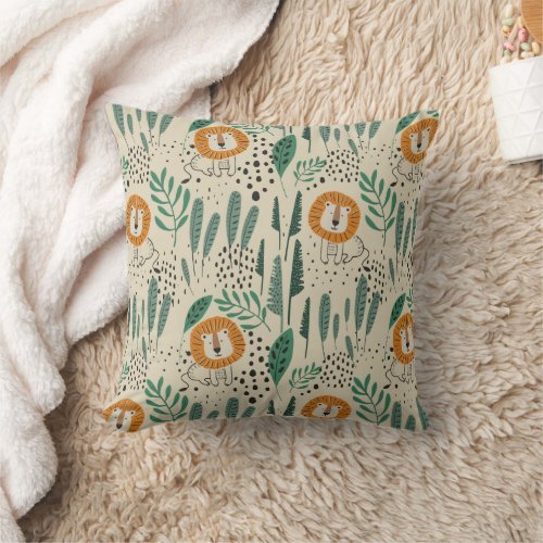 Cute Doodle Lion Jungle Rainforest Pattern Throw Pillow