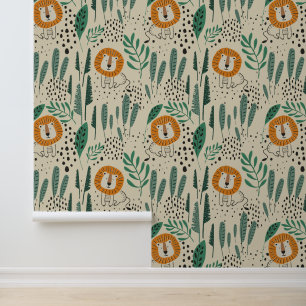 Cute Doodle Lion Jungle Rainforest Pattern Wallpaper