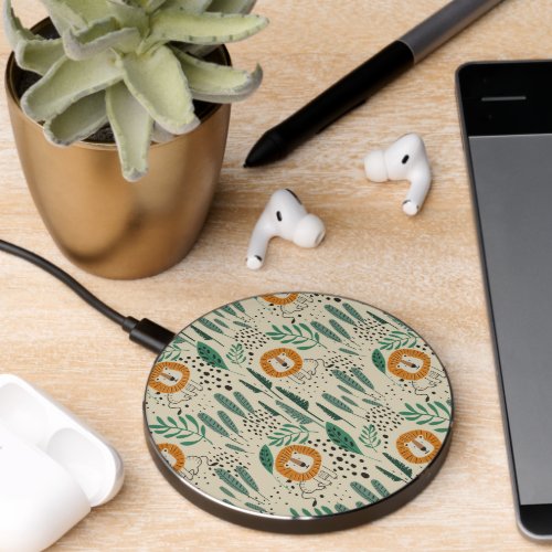 Cute Doodle Lion Jungle Rainforest Pattern Wireless Charger