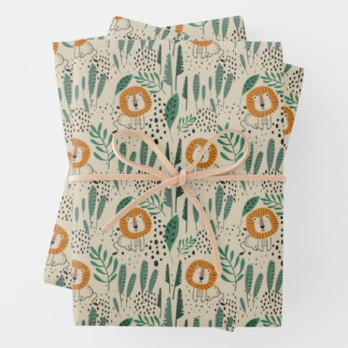 Cute Doodle Lion Jungle Rainforest Pattern Wrapping Paper Sheets