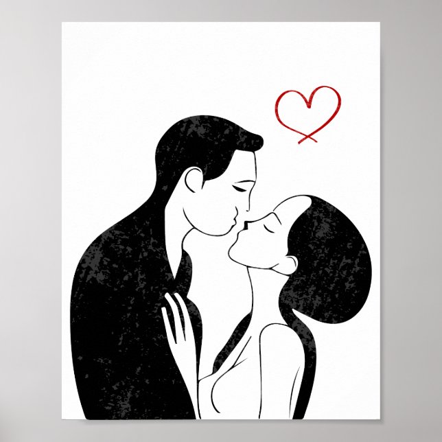 Cute Doodle Love Heart Romantic Couple Kiss Poster (Front)