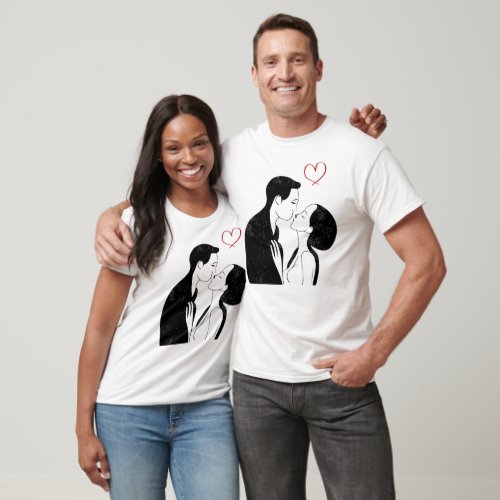 Cute Doodle Love Heart Romantic Couple Kiss T_Shirt