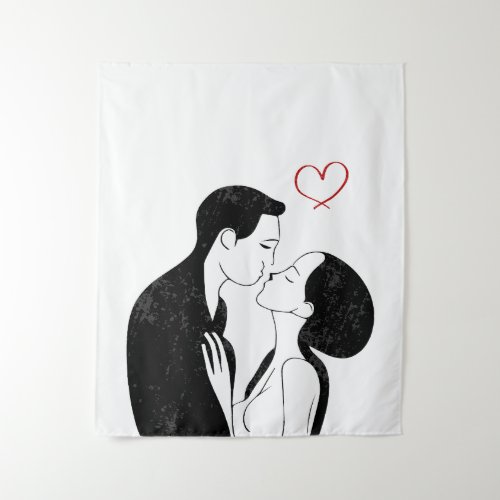 Cute Doodle Love Heart Romantic Couple Kiss Tapestry