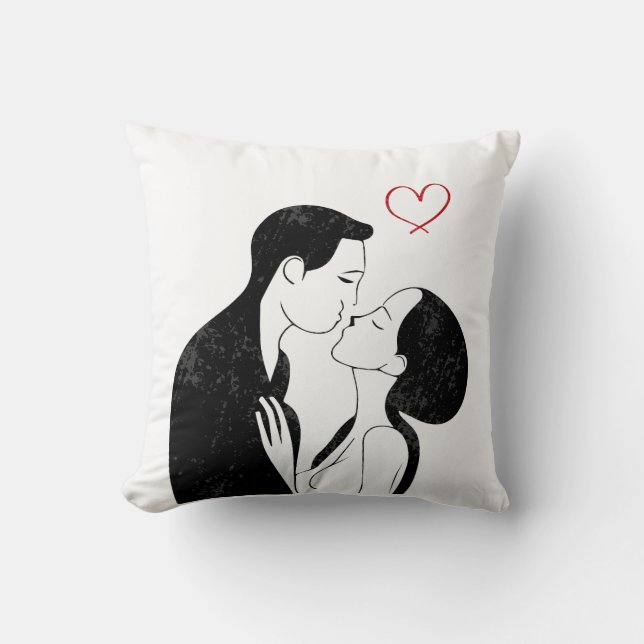 Cute Doodle Love Heart Romantic Couple Kiss Throw Pillow (Front)