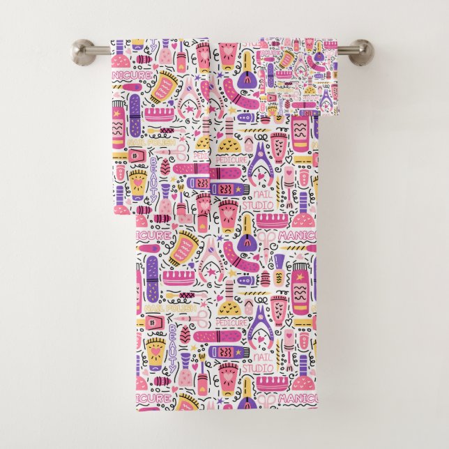 Cute Doodle Manicure Pattern Bath Towel Set (Insitu)