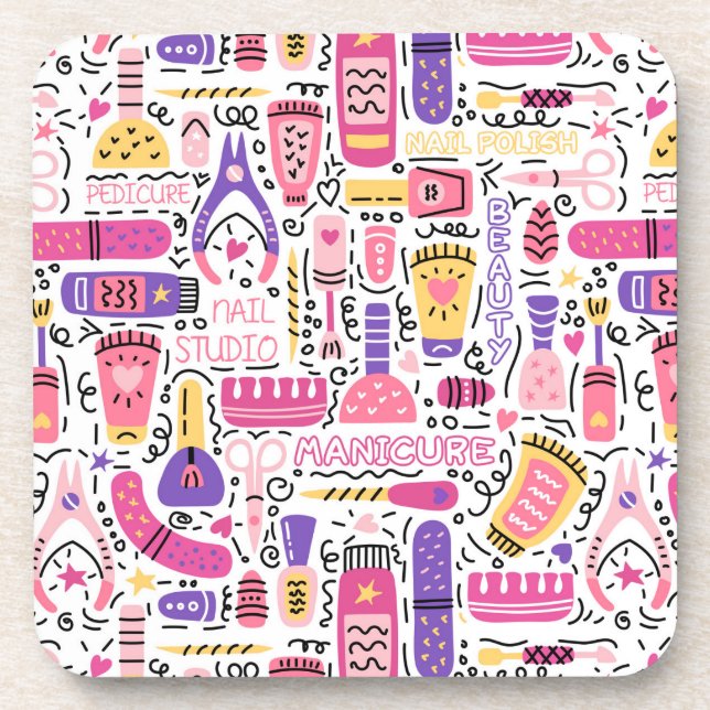 Cute Doodle Manicure Pattern Beverage Coaster (Front)