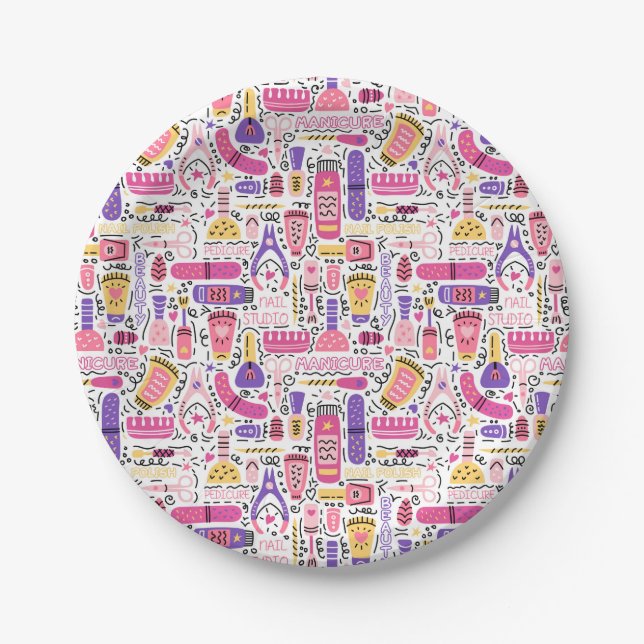Cute Doodle Manicure Pattern Paper Plates (Front)