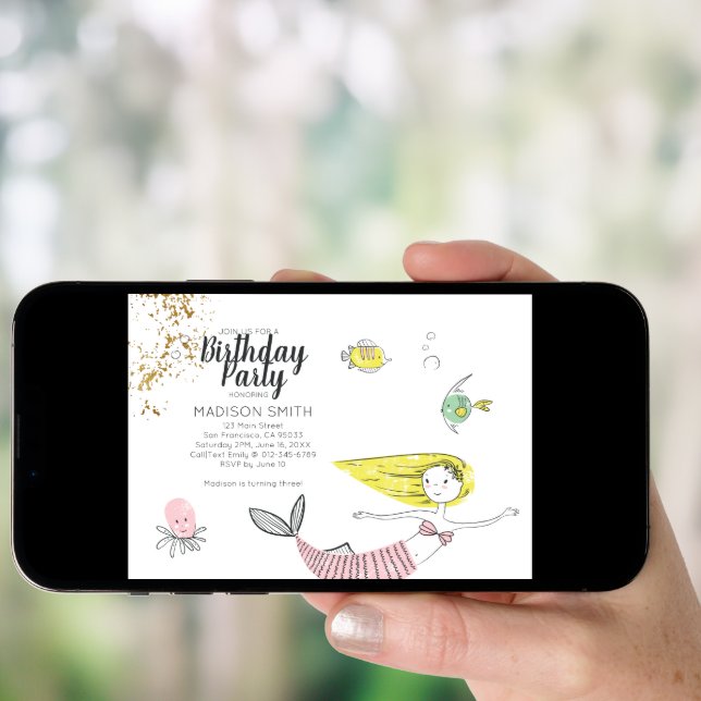 Cute Doodle Mermaid Faux Gold Birthday Invitation (Front Digital)