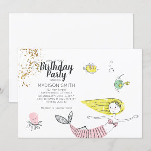 Cute Doodle Mermaid Faux Gold Birthday Invitation