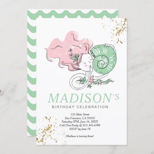 Cute Doodle Mermaid Faux Gold Birthday Invitation