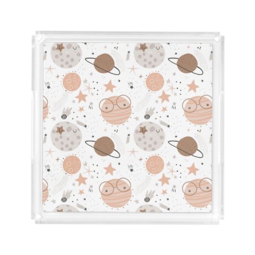 Cute Doodle Planet Pattern Acrylic Tray