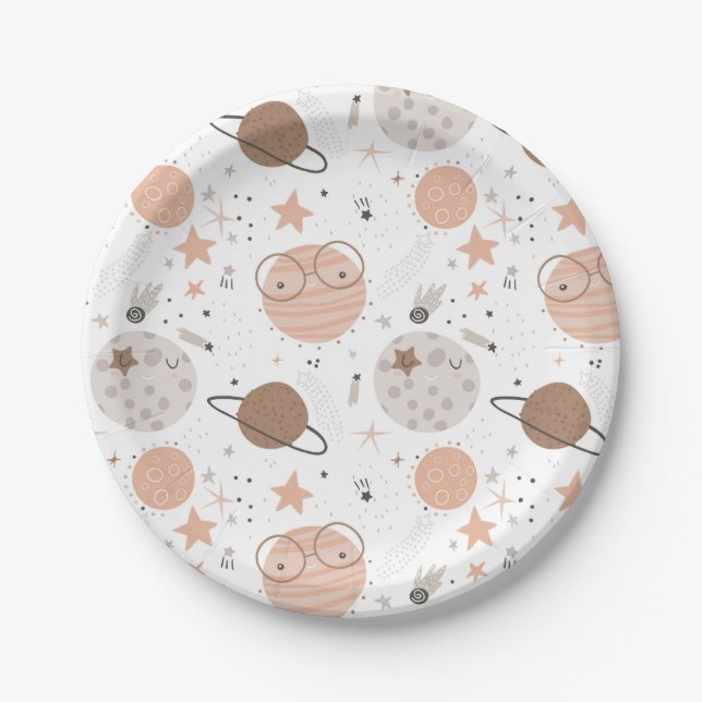 Cute Doodle Planet Pattern Paper Plates (Front)