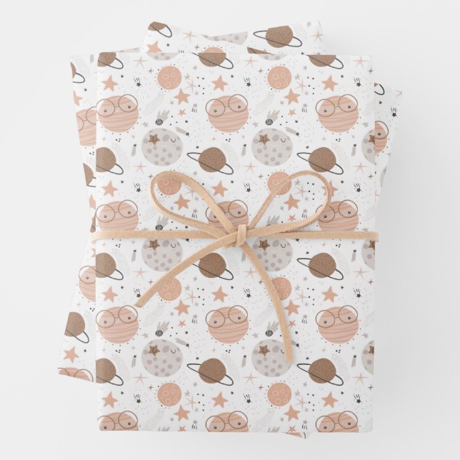 Cute Doodle Planet Pattern Wrapping Paper Sheets (In situ)