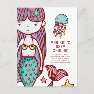 Cute Doodle Pretty Mermaid & Jellyfish Baby Shower Invitation Postcard