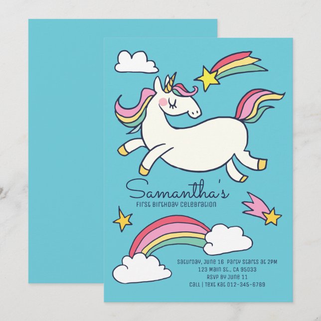 Cute Doodle Rainbow Unicorn Stars Birthday Invitation (Front/Back)