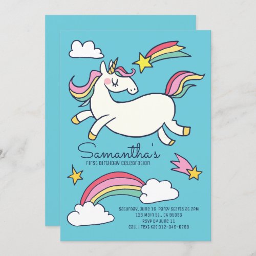 Cute Doodle Rainbow Unicorn Stars Birthday Invitation