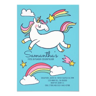 Cute Doodle Rainbow Unicorn Stars Birthday Invitation